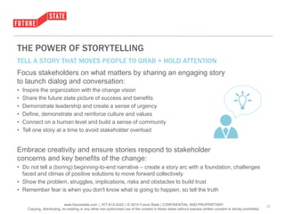 • Click to edit Master text styles
– Second level
• Third level
– Fourth level
» Fifth level
www.futurestate.com | 877.614.0222 | © 2015 Future State | CONFIDENTIAL AND PROPRIETARY
Copying, distributing, re-creating or any other non-authorized use of the content in these slides without express written consent is strictly prohibited.
20
THE POWER OF STORYTELLING
Focus stakeholders on what matters by sharing an engaging story
to launch dialog and conversation:
• Inspire the organization with the change vision
• Share the future state picture of success and benefits
• Demonstrate leadership and create a sense of urgency
• Define, demonstrate and reinforce culture and values
• Connect on a human level and build a sense of community
• Tell one story at a time to avoid stakeholder overload
Embrace creativity and ensure stories respond to stakeholder
concerns and key benefits of the change:
• Do not tell a (boring) beginning-to-end narrative – create a story arc with a foundation, challenges
faced and climax of positive solutions to move forward collectively
• Show the problem, struggles, implications, risks and obstacles to build trust
• Remember fear is when you don't know what is going to happen, so tell the truth
TELL A STORY THAT MOVES PEOPLE TO GRAB + HOLD ATTENTION
 