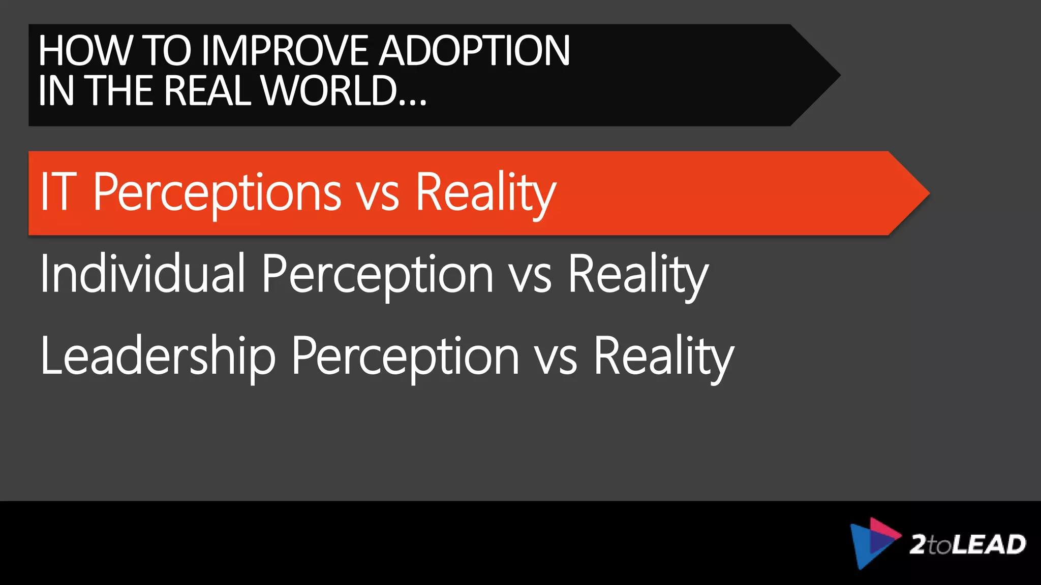 IT Perceptions vs Reality
HOWTOIMPROVE ADOPTION
INTHEREALWORLD…
Individual Perception vs Reality
Leadership Perception vs Reality
 