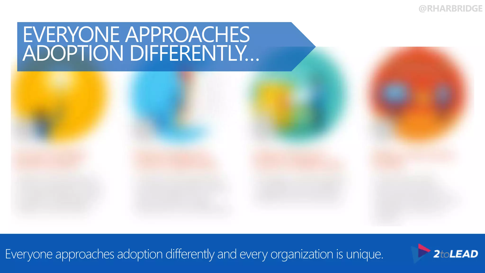 @RHARBRIDGE
Everyone approaches adoption differently and every organization is unique.
EVERYONE APPROACHES
ADOPTION DIFFERENTLY…
 