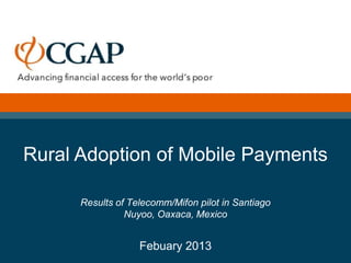 Rural Adoption of Mobile Payments

      Results of Telecomm/Mifon pilot in Santiago
                Nuyoo, Oaxaca, Mexico


                   Febuary 2013
 