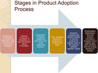 Awareness :
Individual is
exposed to the
innovation and
becomes a
prospect
Interest:
Prospect is
interested to
get information
about
innovation
Evaluation:
Prospect
judges the
pros and cons
of the
respective
product.
Trial : prospect
adopts the
product on a
limited time
basis
Adoption:
prospect will
decide whether
to use the
product for
regular basis if
the product
satisfies
desired needs
Confirmation:
Satisfaction
from the
product
converts a
prospect into a
regular user
who consider
that his buying
decision is
correct.
Stages in Product Adoption
Process
 