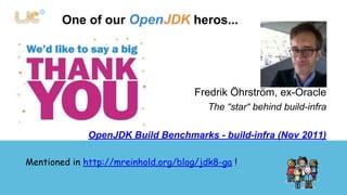 One of our OpenJDK heros... 
Fredrik Öhrström, ex-Oracle 
The “star“ behind build-infra 
OpenJDK Build Benchmarks - build-infra (Nov 2011) 
Mentioned in http://mreinhold.org/blog/jdk8-ga ! 
 