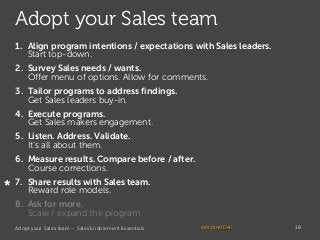 Adopt your Sales team
1. Align program intentions / expectations with Sales leaders.
Start top-down.
2. Survey Sales needs...