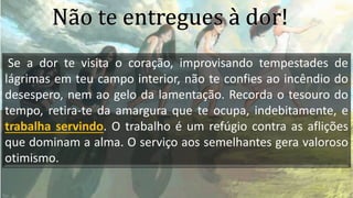 Se a dor te visita o coração, improvisando tempestades de
lágrimas em teu campo interior, não te confies ao incêndio do
desespero, nem ao gelo da lamentação. Recorda o tesouro do
tempo, retira-te da amargura que te ocupa, indebitamente, e
trabalha servindo. O trabalho é um refúgio contra as aflições
que dominam a alma. O serviço aos semelhantes gera valoroso
otimismo.
 