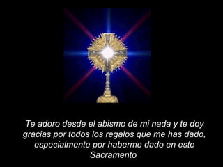Te adoro desde el abismo de mi nada y te doy gracias por todos los regalos que me has dado, especialmente por haberme dado en este Sacramento   