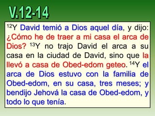 12Y David temió a Dios aquel día, y dijo:
¿Cómo he de traer a mi casa el arca de
Dios? 13Y no trajo David el arca a su
casa en la ciudad de David, sino que la
llevó a casa de Obed-edom geteo. 14Y el
arca de Dios estuvo con la familia de
Obed-edom, en su casa, tres meses; y
bendijo Jehová la casa de Obed-edom, y
todo lo que tenía.
 