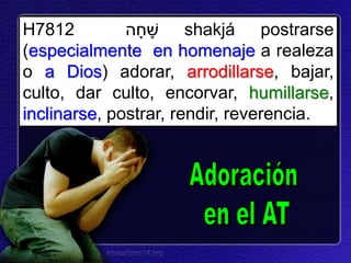 H7812 ‫ה‬ָׁ‫ח‬ ָׁ‫ש‬ shakjá postrarse
(especialmente en homenaje a realeza
o a Dios) adorar, arrodillarse, bajar,
culto, dar culto, encorvar, humillarse,
inclinarse, postrar, rendir, reverencia.
 