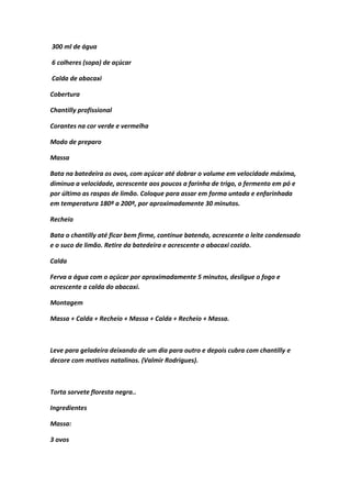 300 ml de água
6 colheres (sopa) de açúcar
Calda de abacaxi
Cobertura
Chantilly profissional
Corantes na cor verde e vermelha
Modo de preparo
Massa
Bata na batedeira os ovos, com açúcar até dobrar o volume em velocidade máxima,
diminua a velocidade, acrescente aos poucos a farinha de trigo, o fermento em pó e
por último as raspas de limão. Coloque para assar em forma untada e enfarinhada
em temperatura 180º a 200º, por aproximadamente 30 minutos.
Recheio
Bata o chantilly até ficar bem firme, continue batendo, acrescente o leite condensado
e o suco de limão. Retire da batedeira e acrescente o abacaxi cozido.
Calda
Ferva a água com o açúcar por aproximadamente 5 minutos, desligue o fogo e
acrescente a calda do abacaxi.
Montagem
Massa + Calda + Recheio + Massa + Calda + Recheio + Massa.
Leve para geladeira deixando de um dia para outro e depois cubra com chantilly e
decore com motivos natalinos. (Valmir Rodrigues).
Torta sorvete floresta negra..
Ingredientes
Massa:
3 ovos
 