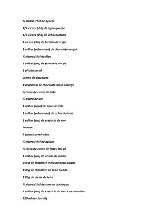 ¾ xícara (chá) de açúcar
1/3 xícara (chá) de água quente
1/3 xícara (chá) de achocolatado
1 xícara (chá) de farinha de trigo
1 colher (sobremesa) de chocolate em pó
¼ xícara (chá) de óleo
1 colher (chá) de fermento em pó
1 pitada de sal
Creme de chocolate
150 gramas de chocolate meio amargo
½ caixa de creme de leite
¼ xícara de rum
1 colher (sopa) de doce de leite
1 colher (sobremesa) de achocolatado
1 colher (chá) de essência de rum
Sorvete:
4 gemas peneiradas
¼ xícara (chá) de açúcar
½ caixa de creme de leite (100 g)
1 colher (chá) de amido de milho
250 g de chocolate meio amargo picado
150 g de chocolate ao leite picado
150 g de creme de leite
¼ xícara (chá) de rum ou conhaque
1 colher (chá) de essência de rum e de baunilha
250 ml de chantilly
 