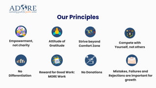 Our Principles
Empowerment,
not charity
Attitude of
Gratitude
Strive beyond
Comfort Zone
Mistakes, Failures and
Rejections are important for
growth
No
Differentiation
Reward for Good Work:
MORE Work
Compete with
Yourself, not others
No Donations
 