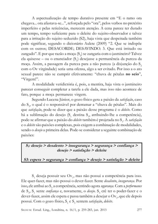 A aspectualização de tempo durativo presente em “E o ramo ora
chegava... ora afastava-se...”, reforçada pelo “ora”, pelos verbos no pretérito
imperfeito e pelas reticências, merecem atenção. A cena parece ter durado
um tempo, tempo suficiente para o deleite do sujeito-observador e talvez
para a irritação do sujeito seduzido (S2), haja vista que despeitada também
pode significar, segundo o dicionário Aulete (2009) “2. Que se indispõe
com os outros; DESACORDE; DESAVINDO. 3. Que está irritado ou
zangado”. E por que razão a moça (S2) se zangaria com o jasmineiro? Talvez
ela quisesse – ou o enunciador (S1) desejasse a permanência da pureza da
moça. Assim, a passagem da pureza para a não pureza (a disjunção do S2
com o Ov virgindade) seria uma ofensa, algo a ser evitado. Por isso a o ato
sexual parece não se cumprir efetivamente: “chuva de pétalas no seio”,
“Virgem!”.
A modalidade veridictória é, pois, a mentira, haja vista o jasmineiro
parecer conseguir completar a tarefa a ele dada, mas isso não acontece de
fato, porque a moça permanece virgem.
Segundo Lucena Júnior, o gozo físico gera a paixão da satisfação, caso
do S3, o qual é o responsável por derramar a “chuva de pétalas”. Mais do
que satisfação, pode-se dizer que a paixão desse programa é o deleite. Como
há a sublimação do desejo (S1 destina S3, atribuindo-lhe a competência),
pode-se afirmar que a paixão do deleite também é projetada no S1. A satisfação
e o deleite são paixões complexas, pois exigem a combinação de modalidades,
sendo o desejo a primeira delas. Pode-se considerar a seguinte combinação de
paixões:

S1: desejo > desalento > insegurança > segurança > confiança >
desejo > satisfação > deleite
S3: espera > segurança > confiança > desejo > satisfação > deleite

S1 deseja possuir seu Ov1, mas não possui a competência para isso.
Ele quer-fazer, mas não possui o dever-fazer. Sente desalento, insegurança. Por
isso, ele atribui ao S3 a competência, sentindo agora segurança. Com a performance
de S3, S1 sente confiança e, novamente, o desejo. S3 crê ter o poder-fazer e o
dever-fazer, assim ele espera e passa também a desejar o Ov1, que ele depois
possui. Com o gozo físico, S1 e S3 sentem satisfação, deleite.
SIGNUM: Estud. Ling., Londrina, n. 16/1, p. 259-283, jun. 2013

277

 