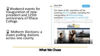 What We Chose
📱Weekend events for
inauguration of new
president and 125th
anniversary of Ithaca
College.
📱 Midterm Electio...