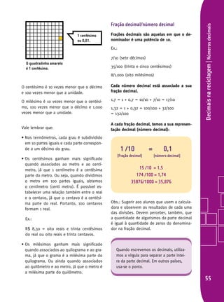 55
Decimaisnareciclagem|Númerosdecimais
Fração decimal/número decimal
Frações decimais são aquelas em que o de-
nominador é uma potência de 10.
Ex.:
7/10 (sete décimos)
35/100 (trinta e cinco centésimos)
8/1.000 (oito milésimos)
Cada número decimal está associado a sua
fração decimal.
1,7 = 1 + 0,7 = 10/10 + 7/10 = 17/10
1,32 = 1 + 0,32 = 100/100 + 32/100
= 132/100
A cada fração decimal, temos a sua represen-
tação decimal (número decimal):
Obs.: Sugerir aos alunos que usem a calcula-
dora e observem os resultados de cada uma
das divisões. Devem perceber, também, que
a quantidade de algarismos da parte decimal
é igual à quantidade de zeros do denomina-
dor na fração decimal.
O centésimo é 10 vezes menor que o décimo
e 100 vezes menor que a unidade.
O milésimo é 10 vezes menor que o centési-
mo, 100 vezes menor que o décimo e 1.000
vezes menor que a unidade.
Vale lembrar que:
• Nos termômetros, cada grau é subdividido
em 10 partes iguais e cada parte correspon-
de a um décimo do grau.
• Os centésimos ganham mais significado
quando associados ao metro e ao centí-
metro, já que 1 centímetro é a centésima
parte do metro. Ou seja, quando dividimos
o metro em 100 partes iguais, obtemos
o centímetro (centi metro). É possível es-
tabelecer uma relação também entre o real
e o centavo, já que o centavo é a centési-
ma parte do real. Portanto, 100 centavos
formam 1 real.
	 Ex.:
	R$ 8,30 = oito reais e trinta centésimos
do real ou oito reais e trinta centavos.
• Os milésimos ganham mais significado
quando associados ao quilograma e ao gra-
ma, já que o grama é a milésima parte do
quilograma. Ou ainda quando associados
ao quilômetro e ao metro, já que o metro é
a milésima parte do quilômetro.
1 /10 = 0,1
(fração decimal) (número decimal)
15 /10 = 1,5
174 /100 = 1,74
35876/1000 = 35,876
O quadrado dividido
em 100 partes iguais.
O quadrado dividido
em 100 partes iguais.
O quadradinho amarelo
é 1 centésimo.
O quadradinho amarelo
é 1 centésimo.
1 centésimo
ou 0,01.
1 centésimo
ou 0,01.
Quando escrevemos os decimais, utiliza-
mos a vírgula para separar a parte intei-
ra da parte decimal. Em outros países,
usa-se o ponto.
 