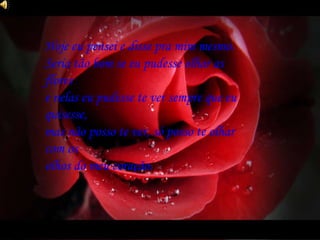 Hoje eu pensei e disse pra mim mesmo. Seria tão bom se eu pudesse olhar as flores e nelas eu pudesse te ver sempre que eu quisesse, mas não posso te ver, só posso te olhar com os olhos do meu coração. 