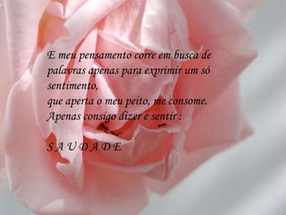 E meu pensamento corre em busca de palavras apenas para exprimir um só sentimento, que aperta o meu peito, me consome. Apenas consigo dizer e sentir : S A U D A D E 