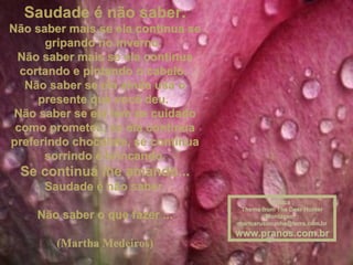 Saudade é não saber. Não saber mais se ela continua se gripando no inverno.  Não saber mais se ela continua cortando e pintando o cabelo.  Não saber se ela ainda usa o presente que você deu.  Não saber se ela tem se cuidado como prometeu, se ela continua preferindo chocolate, se continua sorrindo e brincando. Se continua lhe amando... Saudade é não saber. Não saber o que fazer ... (Martha Medeiros) Música : Theme from The Deer Hunter Montagem : [email_address] www.pranos.com.br 