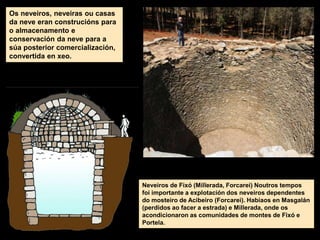 Os neveiros, neveiras ou casas
da neve eran construcións para
o almacenamento e
conservación da neve para a
súa posterior comercialización,
convertida en xeo.
Neveiros de Fixó (Millerada, Forcarei) Noutros tempos
foi importante a explotación dos neveiros dependentes
do mosteiro de Acibeiro (Forcarei). Habíaos en Masgalán
(perdidos ao facer a estrada) e Millerada, onde os
acondicionaron as comunidades de montes de Fixó e
Portela.
 