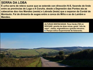 SERRA DA LOBA
É unha serra de relevo suave que se estende con dirección N-S, facendo de linde
entre as provincias de Lugo e A Coruña, desde a Depresión das Pontes ata as
cabeceiras dos ríos Mandeo (oeste) e Labrada (leste) que a separan da Cordal de
Montouto. Fai de divisoria de augas entre a conca do Miño e as do Lambre e
Mandeo.
ALTURAS DESTACADAS: Pena Verde (709 m)
ROCHAS: granito de dúas micas, gneis “ollo de
sapo”, xistos, migmatíticos e granito intrusivo.
Parque eólico Experimental de Sotavento.
 