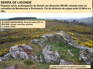 SERRA DE LIGONDE
Pequena serra, prolongación da Dorsal con dirección NO-SE, situada entre os
concellos de Monterroso e Portomarín. Fai de divisoria de augas entre O Miño e o
Ulla.
ALTURAS DESTACADAS: Pena da Lebre (747 m)
ROCHAS: lousas, cuarcitas, gneises
rochas, vistas
Cumes de Ligonde coroados de cuarcitas
 