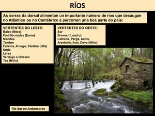 As serras da dorsal alimentan un importante número de ríos que desaugan
no Atlántico ou no Cantábrico e percorren una boa parte do país:
VERTENTES DO LESTE:
Baleo (Mera)
Frei Bermúdez (Eume)
Mandeo
Tambre
Furelos, Arnego, Pambre (Ulla)
Umia
Lérez
Verdugo e Oitavén
Tea (Miño)
VERTENTES DO OESTE:
Sor
Bravos ( Landro)
Labrada, Parga, Asma,
Arenteiro, Avia, Deva (Miño)
Río Sor en Ambrosores
RÍOS
 