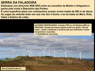 SERRA DA FALADOIRA
Esténdese con dirección NNE-SSO entre os concellos de Mañón e Ortigueira e
pecha polo norte a Depresión das Pontes.
É unha superficie plana con ondulacións suaves cunha media de 500 m de altura.
As augas da vertente leste van aos ríos Sor e Eume, e as da oeste ao Mera, Rola,
Valeo e Esteiro da Loiba.
ALTURAS DESTACADAS: Caxado (756 m), A Faladoira (605 m).
ROCHAS: bandas de lousas negras xunto con gneis “ollo de
sapo”, xistos cristalinos e areíscas das que sobresaen cristas
de granitos e cuarcitas.
Carballeiras, fervenzas
Alto da Faladoira (601 m)
 