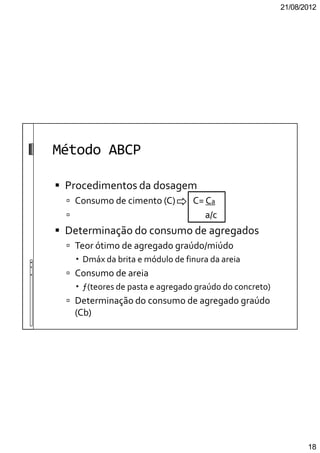 21/08/2012
18
Método ABCP
Procedimentos da dosagem
Consumo de cimento (C) C= Ca
a/c
Determinação do consumo de agregados
Teor ótimo de agregado graúdo/miúdo
Dmáx da brita e módulo de finura da areia
Consumo de areia
ƒ(teores de pasta e agregado graúdo do concreto)
Determinação do consumo de agregado graúdo
(Cb)
 