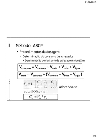 21/08/2012
20
Método ABCP
Procedimentos da dosagem
Determinação do consumo de agregados
Determinação do consumo de agregado miúdo (Cm)
adotando-se:
águabritaareiacimentoconcreto VVVVV ++++++++++++====
)VVV(VV águabritacimentoconcretoareia ++++++++−−−−====
mmm VC γ*=
 