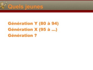 Quels jeunes

Génération Y (80 à 94)
Génération X (95 à …)
Génération ?
 