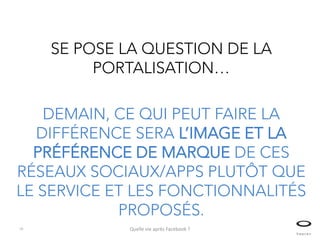 SE POSE LA QUESTION DE LA
PORTALISATION…
DEMAIN, CE QUI PEUT FAIRE LA
DIFFÉRENCE SERA L’IMAGE ET LA
PRÉFÉRENCE DE MARQUE DE CES
RÉSEAUX SOCIAUX/APPS PLUTÔT QUE
LE SERVICE ET LES FONCTIONNALITÉS
PROPOSÉS.
79

Quelle vie après Facebook ?

 