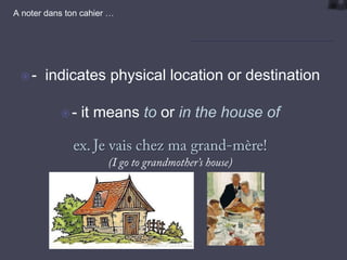 A noter dans ton cahier …

-

indicates physical location or destination
-

it means to or in the house of

 
