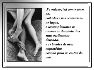 No outono, irei com o amor aos  vinhedos e nos sentaremos no lagar,  e contemplaremos as árvores se despindo das suas vestimentas douradas  e os bandos de aves migratórias  voando para as costas do mar.  