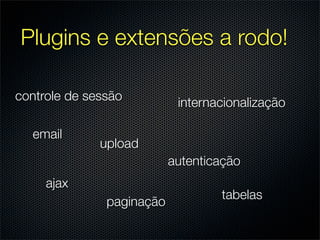 Plugins e extensões a rodo!

controle de sessão          internacionalização

  email
              upload
                           autenticação
     ajax
                                   tabelas
               paginação
 