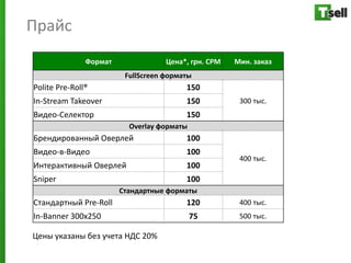 Прайс
               Формат               Цена*, грн. СРМ   Мин. заказ
                         FullScreen форматы
Polite Pre-Roll®                         150
In-Stream Takeover                       150           300 тыс.
Видео-Селектор                           150
                          Overlay форматы
Брендированный Оверлей                   100
Видео-в-Видео                            100
                                                       400 тыс.
Интерактивный Оверлей                    100
Sniper                                   100
                        Стандартные форматы
Стандартный Pre-Roll                     120           400 тыс.
In-Banner 300x250                           75         500 тыс.

Цены указаны без учета НДС 20%
 