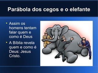 Parábola dos cegos e o elefante




Assim os
homens tentam
falar quem e
como é Deus
A Bíblia revela
quem e como é
Deus: Jesus
Cristo.

 