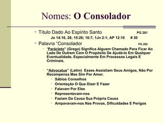 Nomes:  O Consolador Título Dado Ao Espírito Santo    PG 281   Jo 14:16, 26; 15:26; 16:7; 1Jn 2:1; AP 12:10   # 30 Palavra “Consolador  PG 282   “ Parácleto ” (Grego) Significa Alguem Chamado Para Ficar Ao Lado De Outrem Com O Propósito De Ajudá-lo Em Qualquer Eventualidade, Especialmente Em Processos Legais E Criminais. “ Advocatus ” (Latim)  Esses Assistiam Seus Amigos, Não Por Recompensa Mas Sim Por Amor. Sábios Conselhos Orientação O Que Dizer E Fazer Falavam Por Eles Representavam-nos Faziam Da Causa Sua Própria Causa Ampavavam-nos Nas Provas, Dificuldades E Perigos 