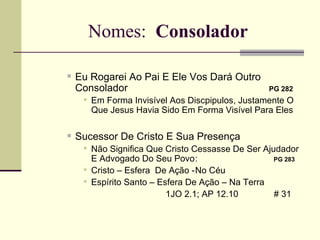 Nomes:  Consolador Eu Rogarei Ao Pai E Ele Vos Dará Outro Consolador  PG 282   Em Forma Invisível Aos Discpipulos, Justamente O Que Jesus Havia Sido Em Forma Visível Para Eles Sucessor De Cristo E Sua Presença Não Significa Que Cristo Cessasse De Ser Ajudador E Advogado Do Seu Povo :  PG 283   Cristo – Esfera  De Ação - No Céu Espírito Santo – Esfera De Ação – Na Terra   1JO 2.1; AP 12.10    # 31  
