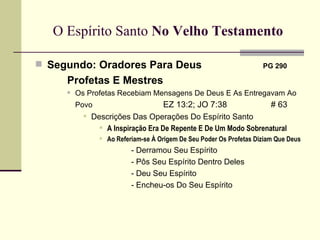O Espírito Santo  No Velho Testamento Segundo: Oradores Para Deus   PG 290  Profetas E Mestres Os Profetas Recebiam Mensagens De Deus E As Entregavam Ao Povo EZ 13:2; JO 7:38    # 63 Descrições Das Operações Do Espírito Santo A Inspiração Era De Repente E De Um Modo Sobrenatural Ao Referiam-se À Origem De Seu Poder Os Profetas Diziam Que Deus - Derramou Seu Espírito - Pôs Seu Espírito Dentro Deles - Deu Seu Espírito  - Encheu-os Do Seu Espírito 