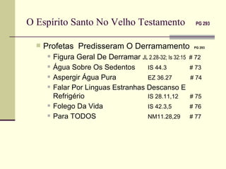 O Espírito Santo No Velho Testamento   PG 293  Profetas  Predisseram O Derramamento  PG 293 Figura Geral De Derramar  JL 2.28-32; Is 32:15   # 72 Água Sobre Os Sedentos   IS 44.3   # 73 Aspergir Água Pura   EZ 36.27  # 74 Falar Por Linguas Estranhas Descanso E Refrigério    IS 28.11,12  # 75 Folego Da Vida   IS 42.3,5   # 76 Para TODOS   NM11.28,29    # 77 
