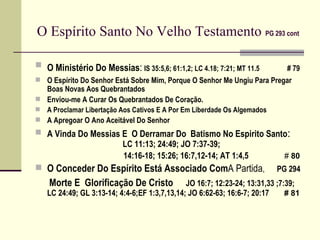 O Espírito Santo No Velho Testamento   PG 293 cont O Ministério Do Messias :   IS 35:5,6; 61:1,2; LC 4.18; 7:21; MT 11.5   # 79 O Espírito Do Senhor Está Sobre Mim, Porque O Senhor Me Ungiu Para Pregar Boas Novas Aos Quebrantados Enviou-me A Curar Os Quebrantados De Coração. A Proclamar Libertação Aos Cativos E A Por Em Liberdade Os Algemados A Apregoar O Ano Aceitável Do Senhor A Vinda Do Messias E  O Derramar Do  Batismo No Espirito Santo :     LC 11:13; 24:49; JO 7:37-39;    14:16-18; 15:26; 16:7,12-14; AT 1:4,5   #  80 O Conceder Do Espírito Está Associado Com A Partida ,   PG 294   Morte E  Glorificação De Cristo   JO 16:7; 12:23-24; 13:31,33 ;7:39;  LC 24:49; GL 3:13-14; 4:4-6;EF 1:3,7,13,14; JO 6:62-63; 16:6-7; 20:17   # 81 