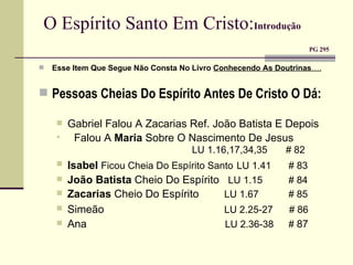 O Espírito Santo Em Cristo: Introdução     PG 295   Esse Item Que Segue Não Consta No Livro  Conhecendo As Doutrinas …. Pessoas Cheias Do Espírito Antes De Cristo O Dá: Gabriel Falou A Zacarias Ref. João Batista E Depois  Falou A  Maria  Sobre O Nascimento De Jesus        LU 1.16,17,34,35  # 82 Isabel   Ficou Cheia Do Espírito Santo   LU 1.41  # 83 João Batista  Cheio Do Espírito  LU 1.15  # 84 Zacarias  Cheio Do Espírito   LU 1.67  # 85 Simeão   LU 2.25-27  # 86  Ana   LU 2.36-38  #  87   