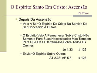 O Espírito Santo Em Cristo: Ascensão   PG 299 cont Depois Da Ascensão Veio A Ser O Espírito De Cristo No Sentido De Ser Concedido A Outros O Espírito Veio A Permaneçer Sobre Cristo Não Somente Para Suas Necessidades Mas Tambem Para Que Ele O Derramasse Sobre Todos Os Crentes   Jo 1.33 # 125 Enviar O Espírito Sobre Outros  AT 2.33; AP 5.6  # 126 