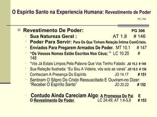 O Espírito Santo na Experiencia Humana:  Revestimento de Poder  PG 306 Revestimento De Poder:    PG 306 Sua Natureza Geral :  AT 1.8  # 146 Poder Para Servir:  Para Os Que Tinham Relação Íntima ComCristo.  Enviados Para Pregarem Armados De Poder.  MT 10.1   # 147 “ Os Vossos Nomes Estão Escritos Nos Céus;  ”   LC 10.20  # 148 “ Vós Já Estais Limpos,Pela Palavra Que Vos Tenho Falado: JO 15.3  # 149   Sua Relação Ilustrada: “Eu Sou A Videira, vós sois as varas”   JO 15.5  # 150  Conheciam A Presença Do Espírito     JO 14.17  # 151   Sentiram O Sôpro Do Cristo Ressuscitado E Ouviram-no Dizer:  “Recebei O Espírito Santo”    J O 20.22  # 152 Contudo Ainda Careciam Algo :  A   Promessa   Do   Pai   E  O  Revestimento   De   Poder .      LC 24:49; AT 1:4-5,8  # 153   