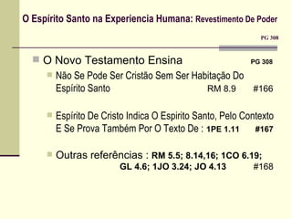 O Espírito Santo na Experiencia Humana:  Revestimento De Poder     PG 308 O Novo Testamento Ensina     PG 308 Não Se Pode Ser Cristão Sem Ser Habitação Do Espírito Santo RM 8.9  #166 Espírito De Cristo Indica O Espirito Santo, Pelo Contexto E Se Prova Também Por O Texto De :   1PE 1.11  #167 Outras referências :  RM 5.5; 8.14,16; 1CO 6.19;  GL 4.6; 1JO 3.24; JO 4.13   #168 
