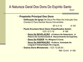 A Natureza Geral Dos Dons Do Espírito Santo     PG 317 Propósito Principal Dos Dons Edificação Da Igreja  De Deus Por Meio Da Instrução Dos Crentes E Para Ganhar Novos Convertidos   EF 4.7-13    # 197 Paulo Enumera Nove Dons Classificados Assim:   1CO 12.7-10   # 198 Dons De REVELAÇÃO  :   A Palavra De Saberdoria , A Palavra De Conhecimento E  Discernimento De Espíritos . Dons De PODER :  Fé, Milagres E Curas . Dons De INSPIRAÇÃO  :  Profecia, Variedade De Línguas E Interpretação De Línguas. Outros Dons Ministeriais :  1CO 12:28-30 ;  RM 12:6-8  # 199 
