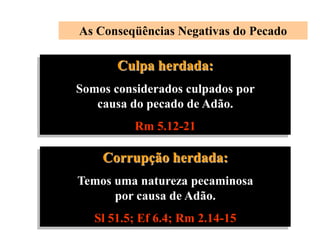 Culpa herdada:
Somos considerados culpados por
causa do pecado de Adão.
Rm 5.12-21
As Conseqüências Negativas do Pecado
Corrupção herdada:
Temos uma natureza pecaminosa
por causa de Adão.
Sl 51.5; Ef 6.4; Rm 2.14-15
 