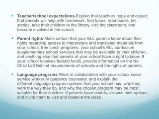  Teacher/school expectations-Explain that teachers hope and expect
   that parents will help with homework, find tutors, read books, tell
   stories, take their children to the library, visit the classroom, and
   become involved in the school.

 Parent rights-Make certain that your ELL parents know about their
   rights regarding access to interpreters and translated materials from
   your school, free lunch programs, your school's ELL curriculum,
   supplementary school services that may be available to their children,
   and anything else that parents at your school have a right to know. If
   your school receives federal funds, provide information on the No
   Child Left Behind requirements of schools and the rights of parents.

 Language programs-Work in collaboration with your school social
   service worker or guidance counselor, and explain the
   different language program options that your school has, why they
   work the way they do, and why the chosen program may be most
   suitable for their children. If parents have doubts, discuss their options
   and invite them to visit and observe the class.
 