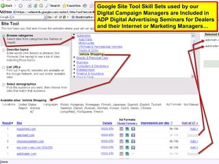 Digital Marketing DivisionSite Targeting can produce more and better convertingtraffic at a lower cost per visitor in highlyCompetitive SEM Markets…Campaign Case Study: Site Targeted Campaigns in Phoenix  produced 1,018 car shoppers clicking on the dealer’s ads at a $1.41 Effective Cost Per Click and generated over 2.4 Million Ad Impressions at less than $.60 per thousand people!