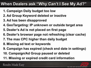A Few Examples of Web Sites found to be Effective that ADP Digital Campaign Managers “Push” Dealer Ads into:justout.netleaseguide.comleftlanenews.comlotpro.comlowridermagazine.comlycos.commautofied.commodifiedcartrader.commotonews.commotoralley.commotorbase.commotorbooks.commotorcities.commotoringfile.commotortrend.commusclecarfinders.commusclecars-and-classics.commusclecars.netmy-car-picture.commycarwizard.commydealerships.commynewcarpurchase.comnewautoseeker.comnewcartestdrive.comnhra.comoff-road.comoldcarandtruckpictures.comoldride.com6