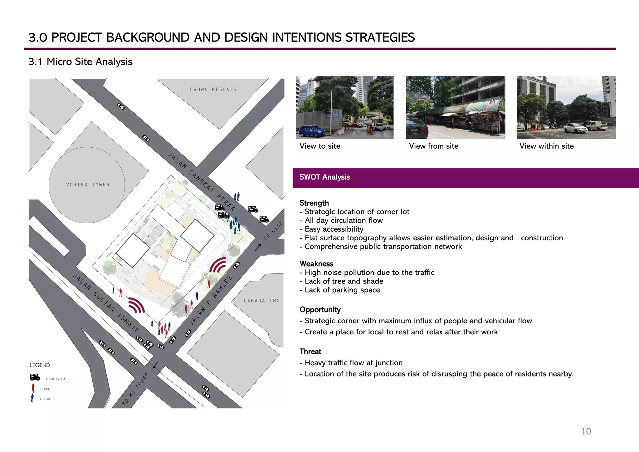 SWOT Analysis
Strength
- Strategic location of corner lot
- All day circulation flow
- Easy accessibility
- Flat surface topography allows easier estimation, design and construction
- Comprehensive public transportation network
Weakness
- High noise pollution due to the traffic
- Lack of tree and shade
- Lack of parking space
Opportunity
- Strategic corner with maximum influx of people and vehicular flow
- Create a place for local to rest and relax after their work
Threat
- Heavy traffic flow at junction
- Location of the site produces risk of disrusping the peace of residents nearby.
3.0 PROJECT BACKGROUND AND DESIGN INTENTIONS STRATEGIES
3.1 Micro Site Analysis
View to site View from site View within site
10
 