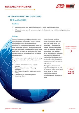 RESEARCH FINDINGS


   HR TRANSFORMATION OUTCOMES
        TIME and SAVINGS

            headlines

                  HR transformation most often takes three years – slightly longer than anticipated.
                  HR transformation generally generates savings in the 25 percent range, which is only slightly less than
                  anticipated.


            findings

            As we’ve found in the past, HR transformation takes            Similar to time to transform
            slightly longer than anticipated to achieve – but only         results, organisations often miss
            slightly longer. Across all respondents, those                 their cost savings results, but
            responsible for transforming HR expect to take in the          generally by a slim margin. On
                                                                                                                 average number of
            range of just under two years, but actually take three.        average, expected savings are in      years to transform
            Half of all respondents met their transformation timing        the 24 percent range, and actual
            expectations, but nearly half (45 percent) took longer
            than anticipated; the remaining 5 percent are beating
                                                                           are just under that. However,
                                                                           across all respondents, whilst over
                                                                                                                            3
            their expectations.                                            half (57 percent) say they met
                                                                           expectations, nearly a quarter (24
            The most common reasons respondents cite for taking
                                                                           percent) fell below expectations,
            longer than anticipated to achieve HR transformation
                                                                           and the remaining 19 percent met
            include:
                                                                           expectations.
            •    Resistance to change and lack up support
                 internally                                                Among those who exceeded
            •    The cost of transformation and funding                    expectations, 80 percent set goals       average cost
                 constraints                                               at 25 percent or less; among those          savings
            •    Lack of upper management support and decision-

            •
                 making
                 The impact of the economic downturn
                                                                           whose results fell below
                                                                           expectations, 45 percent                  25%
            •    Execution problems                                        established goals of 26 percent or
                                                                           more.




Global HR Transformation 2009                                                                                          HROA © 2009
                                                                      16
 